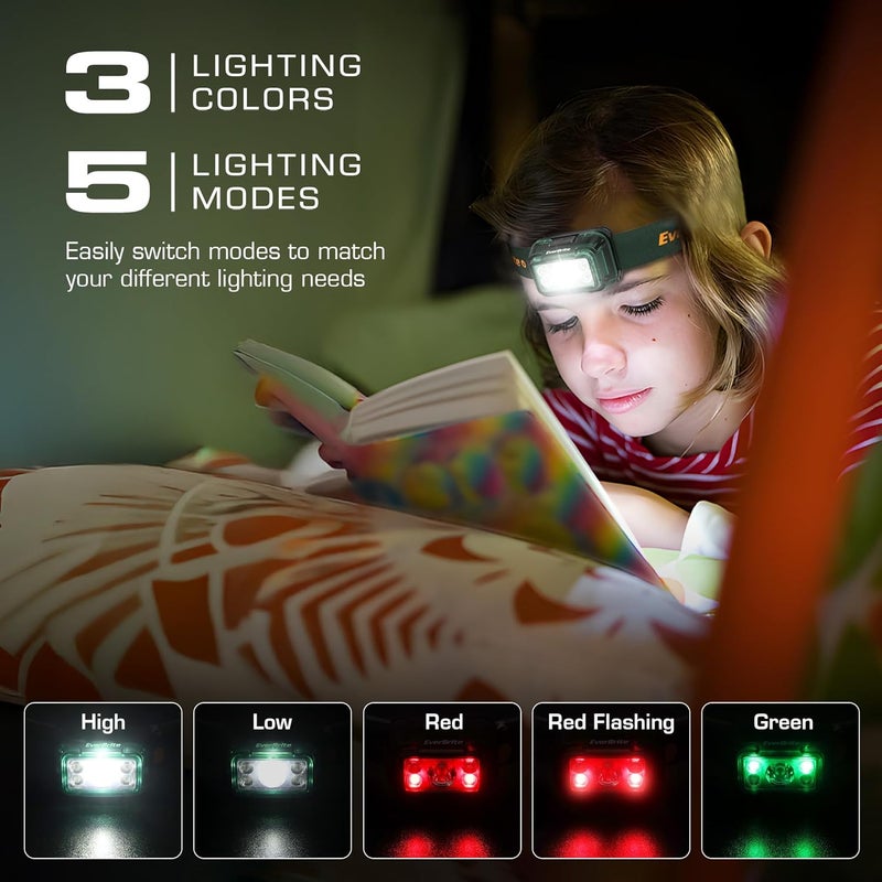 EverBrite Rechargeable Headlamp, 2 Pack Kids Headlamp with White/Red/Green Light and Memory Function, Head Lamp for Adult and Kid with 5 Modes, 120° Adjustable LED Headlamp for Camping, Running-Green - Image 2